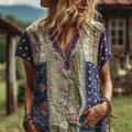 Women's Vintage American Western Country Style Floral And Stars Embroidered Linen Blend V-neck T-shirt artswardrobe