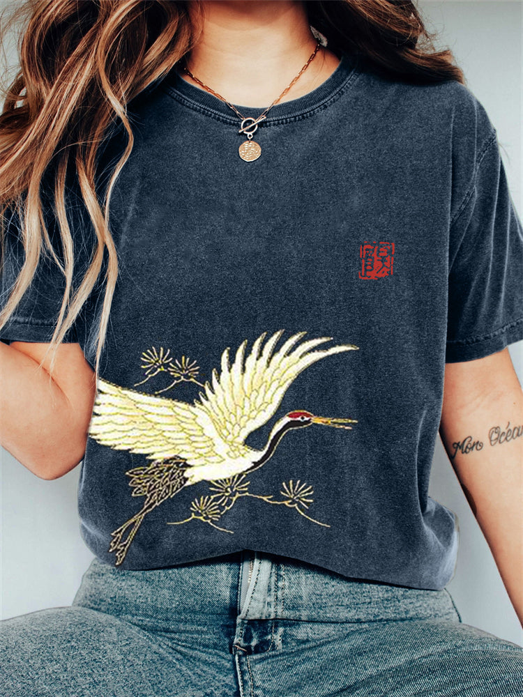 Comstylish Flying Crane & Pine Trees Japanese Art Vintage T Shirt