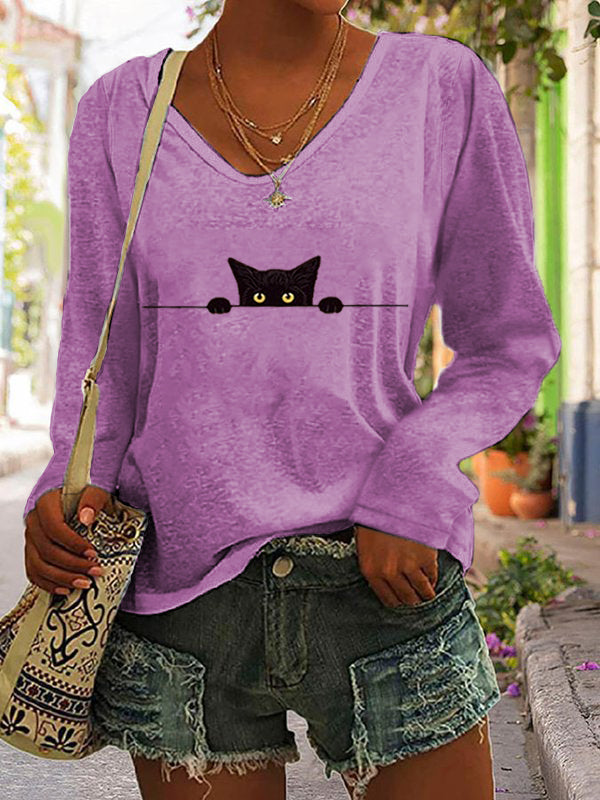 Comstylish Women's Casual Funny Black Cat Print T-shirt