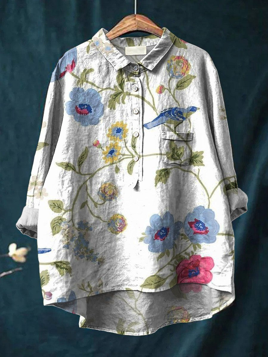 Women's Vintage Floral Bird Art Print Casual Cotton And Linen Shirt