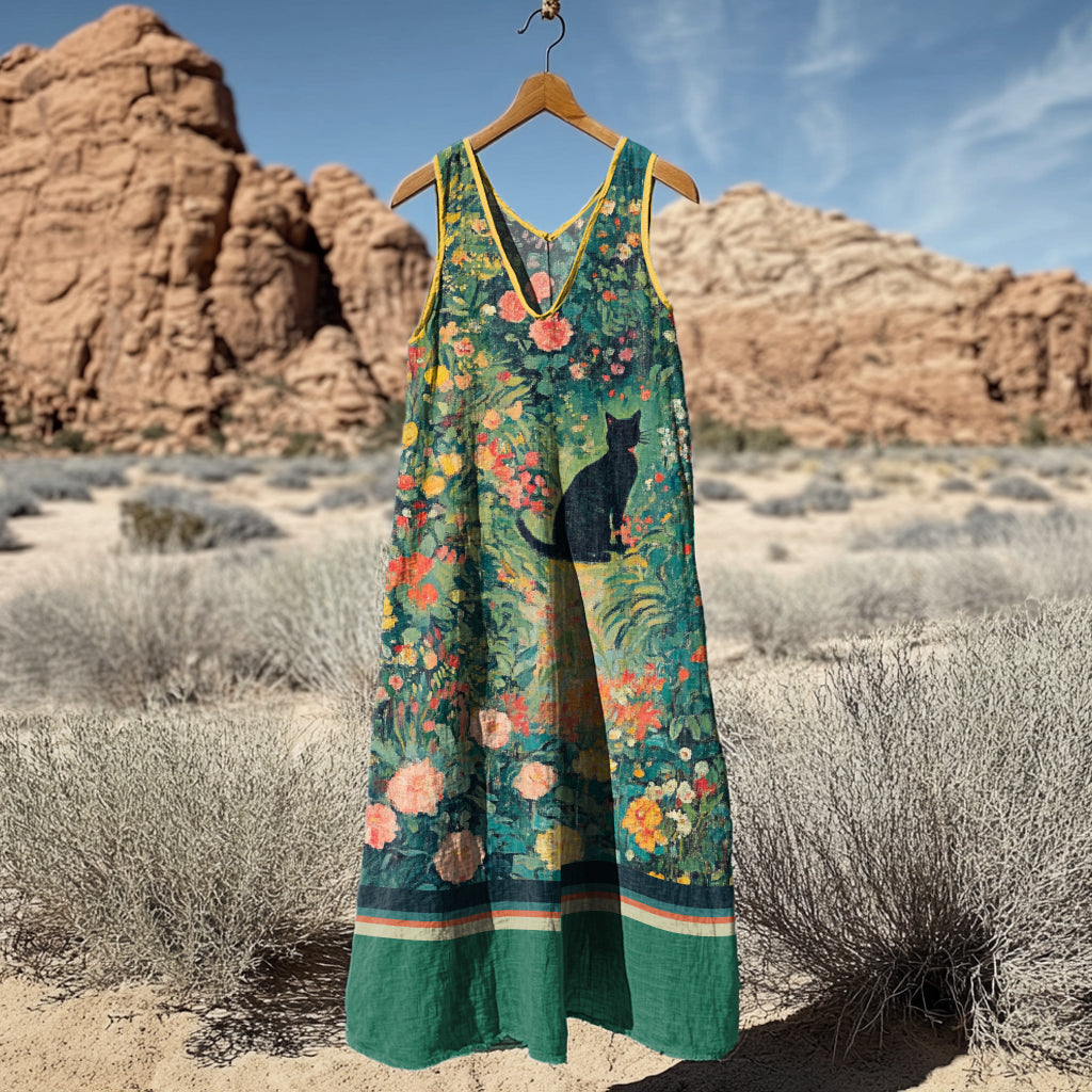 Women's Vintage Cat Floral Art Linen Tank Dress artswardrobe