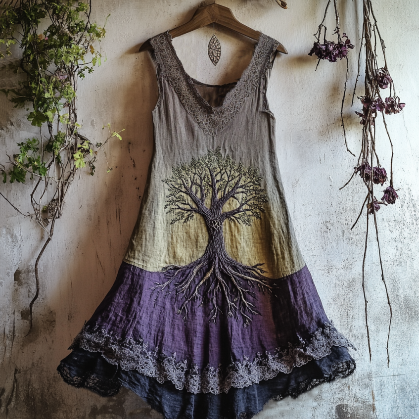 Viking Tribal Celtic Knot Life Of Tree Lace Patchwork Art Linen Tank Dress artswardrobe