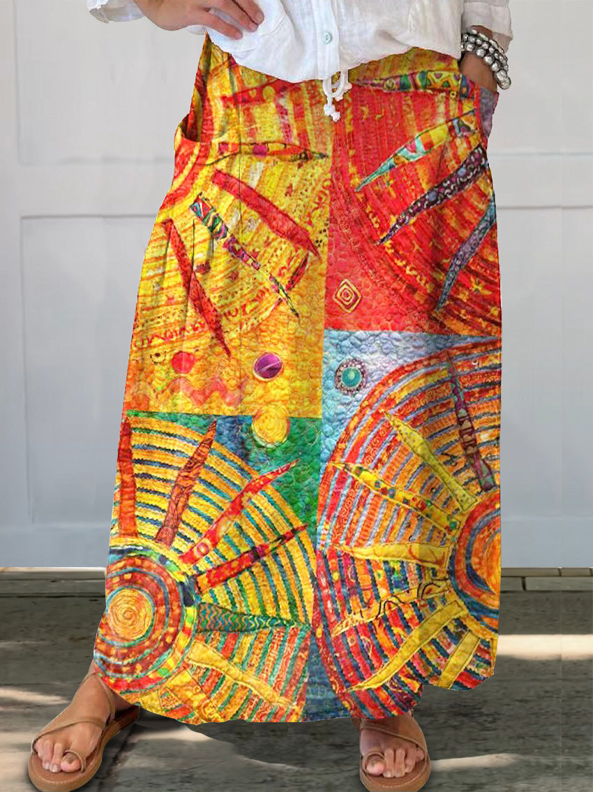 Women's Colorful Hippie Sun Collage Art Print Linen Pocket Skirt