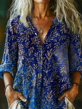Women's Vintage Floral Art Print Casual Cotton Linen Shirt