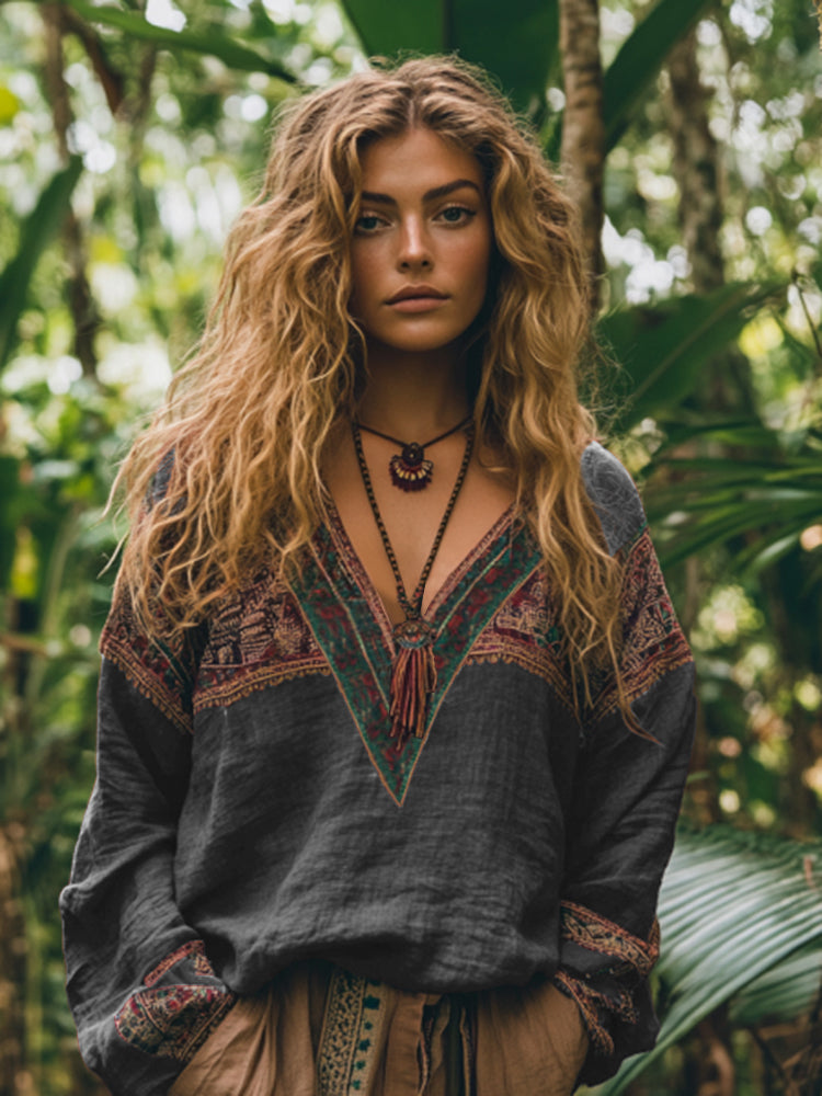 Comstylish Retro Boho Tribal Embroidery Print Cotton And Linen Blend Loose Blouse