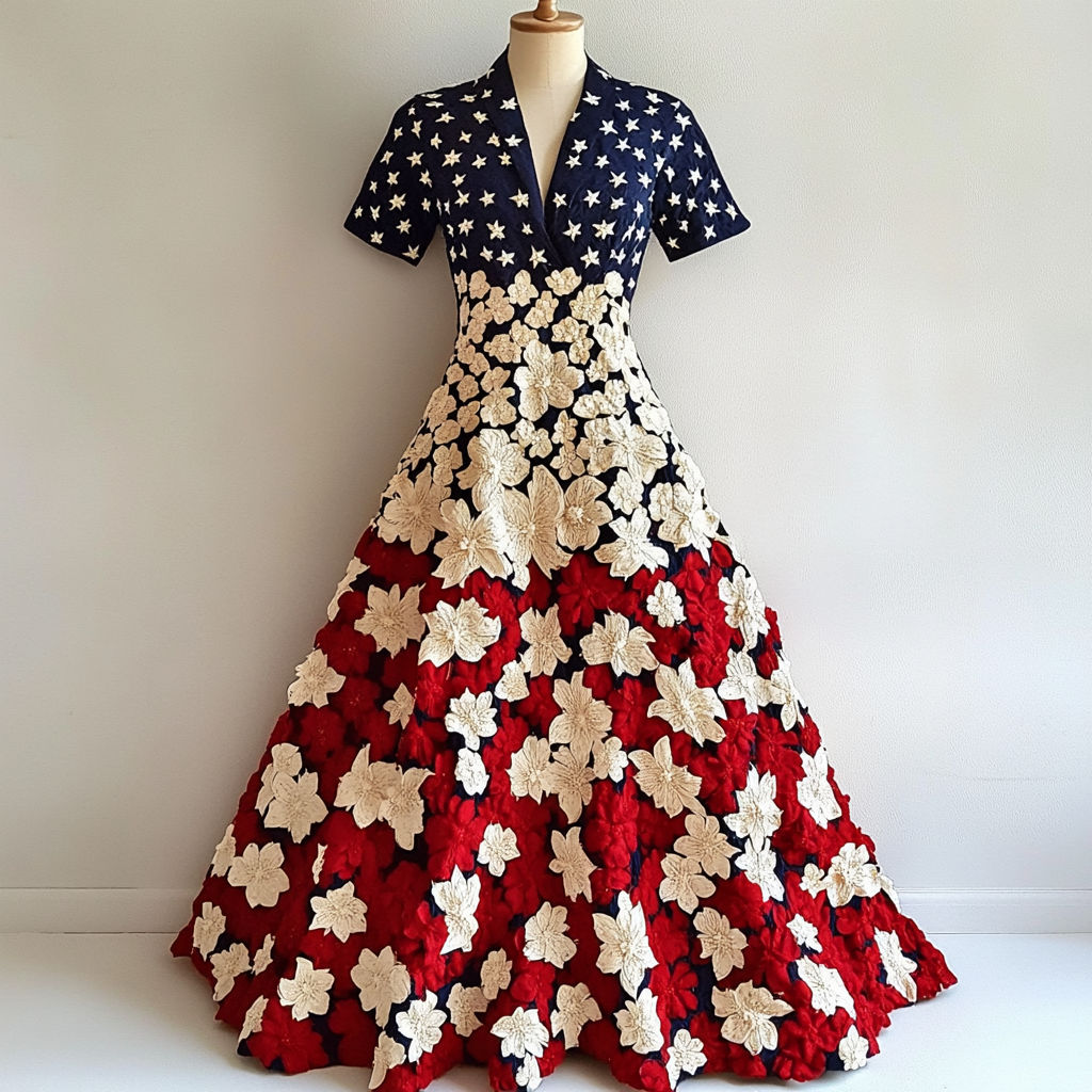 Women's Independence Day Flag And Floral Art Short Sleeve Dress artswardrobe