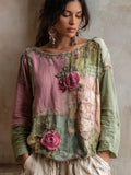 Vintage Pink Roses Embroidered Patchwork Linen Shirt artswardrobe