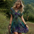 Vintage Purple Lavender Patchwork And Floral Embroidered Art Linen Mini Short Sleeve Dress artswardrobe
