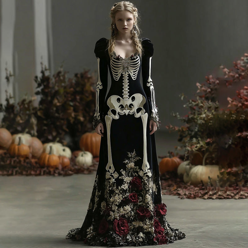 Comstylish Women's Halloween Skeleton Bones Rose Velvet Maxi Dress