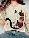 Comstylish Spider Lily Floral Cat Japanese Art T Shirt