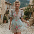 Comstylish Women's Vintage Bohemian Floral Embroidered Casual Short Dress