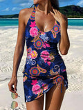 Vintage Paisley Flowers Print Pleated Drawstring V-neck Tankini Pantskirt Set Swimsuit