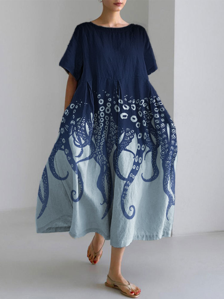 Comstylish Ocean Octopus Japanese Art Linen Blend Casual Dress