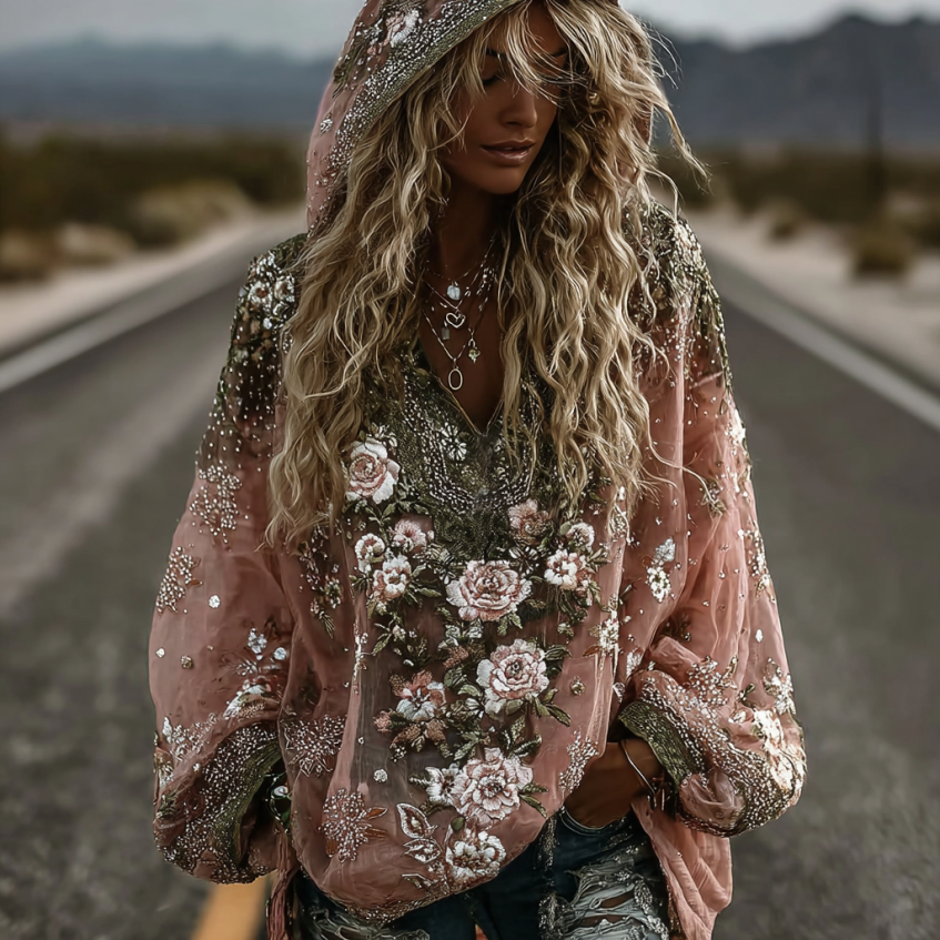 Women's Classic Romantic Pink Rose Embroidery Art Comfy Linen Long Sleeve Hooded Shirts artswardrobe