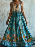 Vintage Boho Floral Embroidered V Neck Linen Maxi Dress artswardrobe