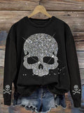 Comstylish Shiny Rhinestone Skull Pattern Sweatshirt