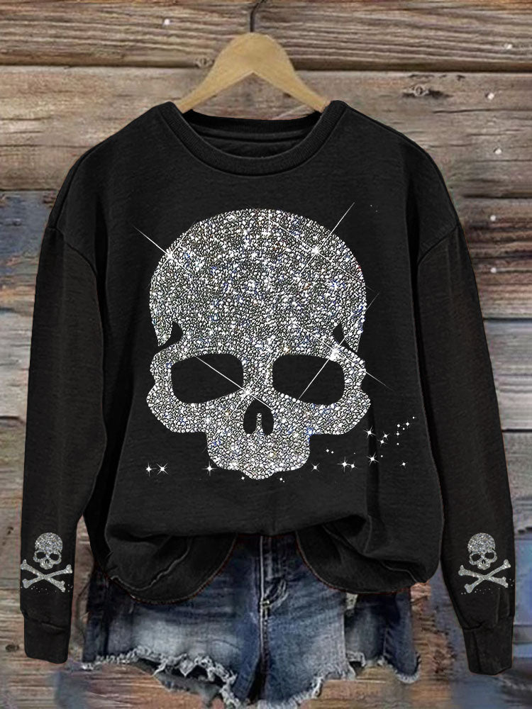 Comstylish Shiny Rhinestone Skull Pattern Sweatshirt