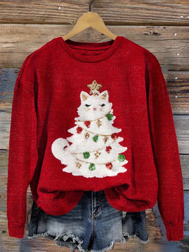 Cute Christmas Cat Tree Art Cozy Sweatshirt elevenforest