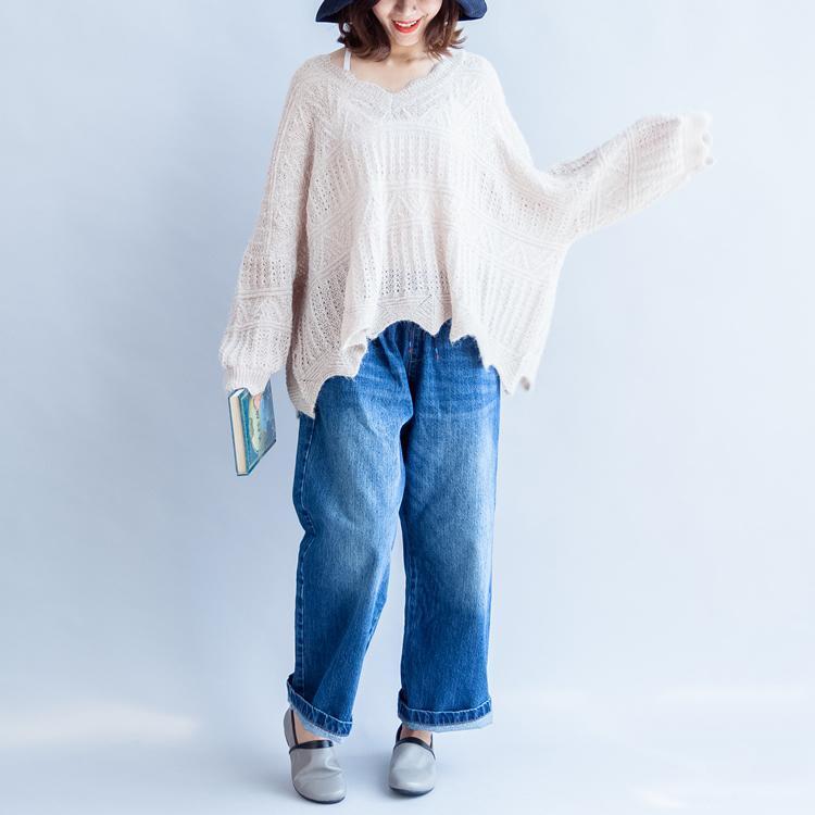 Beige White Knit Sweaters Ruffles Sweater