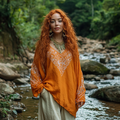 Bohemian Tribal Embroidery Print Cotton And Linen Blend Loose Blouse artswardrobe