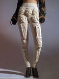 Comstylish Vintage White Skeleton Roses Crochet Cozy Knit Leggings