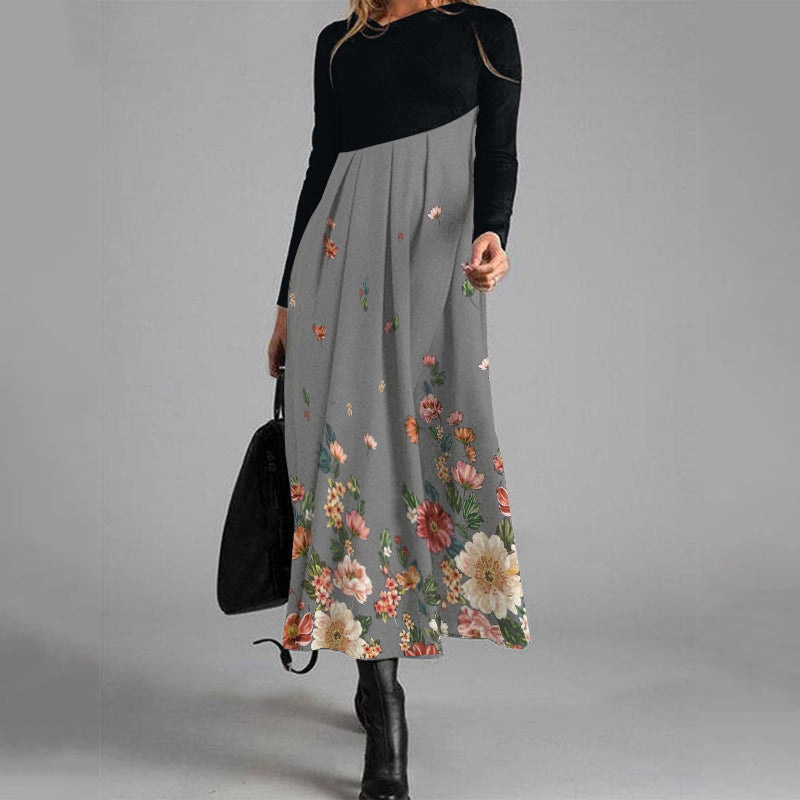 Elegant Floral Pleated Print Mid-Length Wool Dress elevenforest