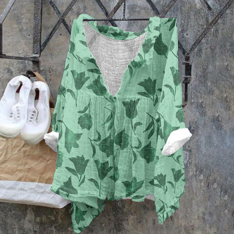 Comstylish Ladies Floral Pattern Casual Cotton Linen Shirt