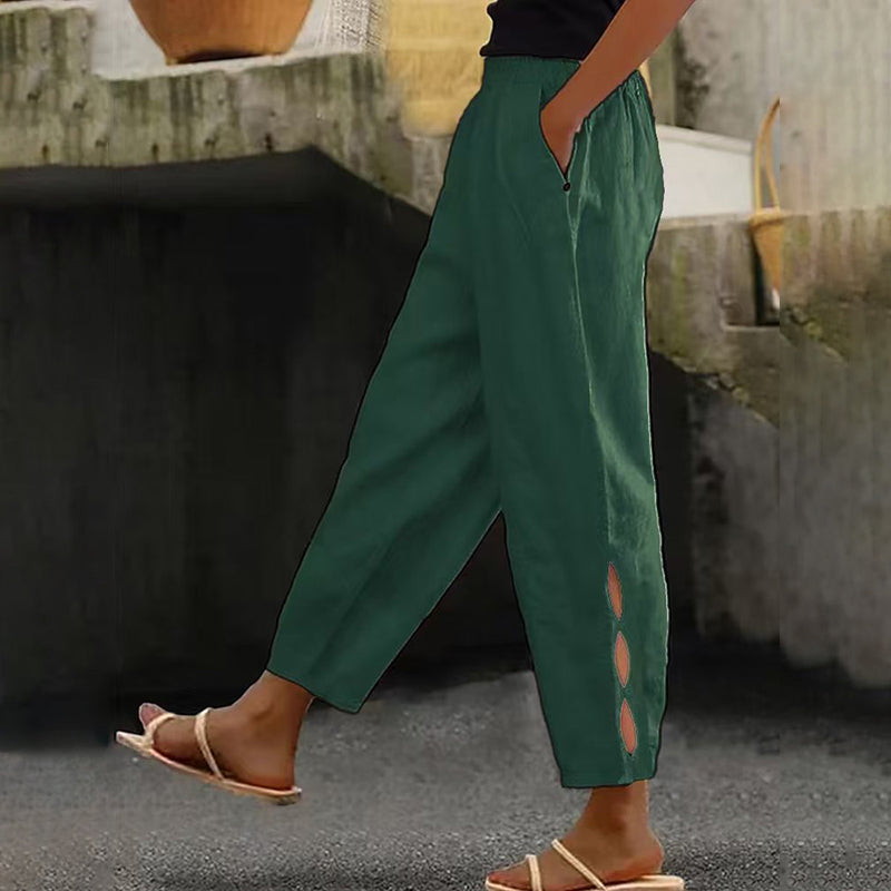 Women's Vintage Hollow Design Solid Color Linen Casual Pants artswardrobe