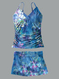 V-Neck Vintage Flowers Art Print Suspender Skirt Tankini Pantskirt Set Swimsuit