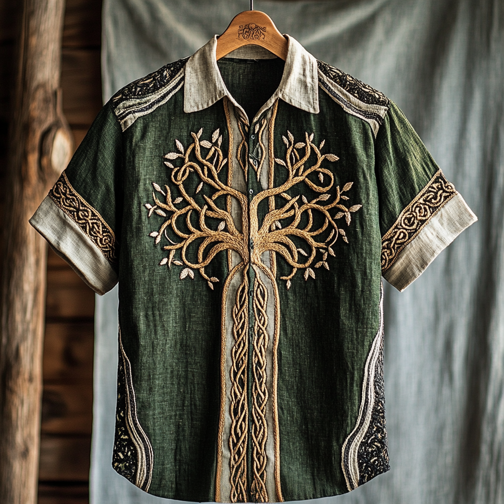 Men's Viking Tribal Life Of Tree Celtic Art Linen Shirt artswardrobe
