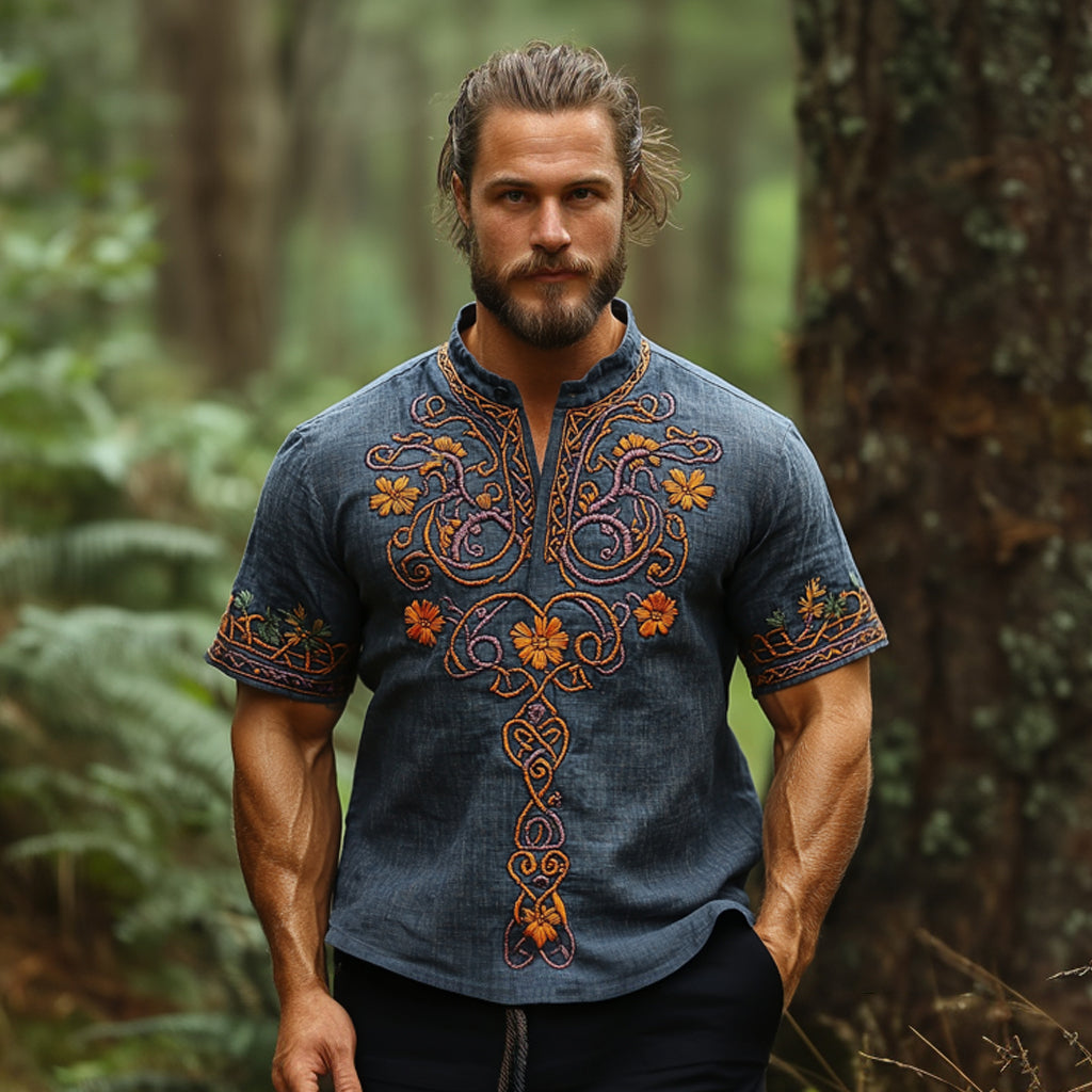 Men's Vintage Floral Embroidery Print Shirt artswardrobe