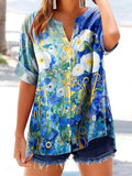 Women's Watercolor Floral Art Print Short Sleeve Cotton and Linen Shir