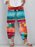 Boho Multicolor Patchwork Art Linen Blend Pants artswardrobe