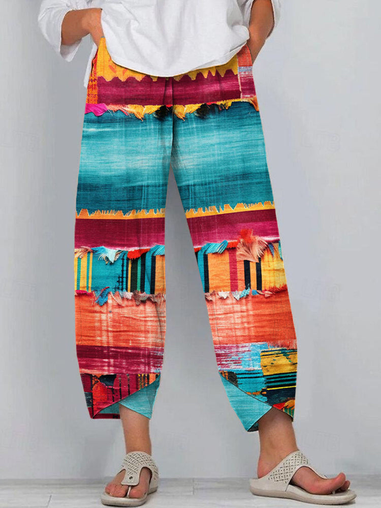 Boho Multicolor Patchwork Art Linen Blend Pants artswardrobe