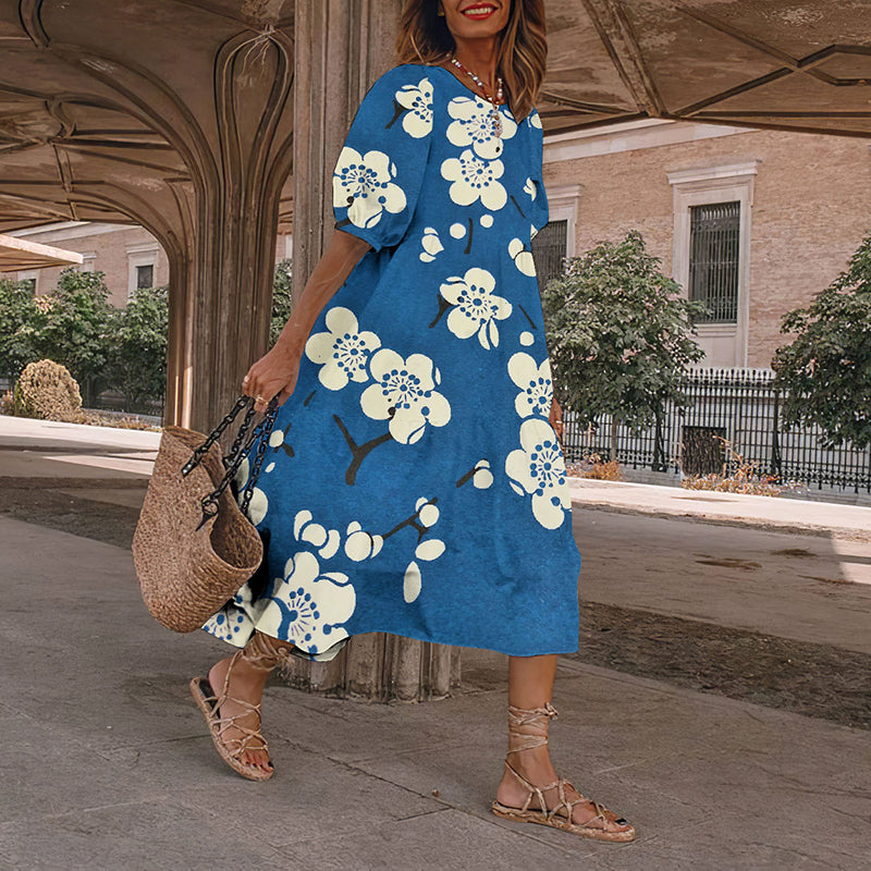 Comstylish Causal Blue Floral Japanese Art And Spring Midi Dress