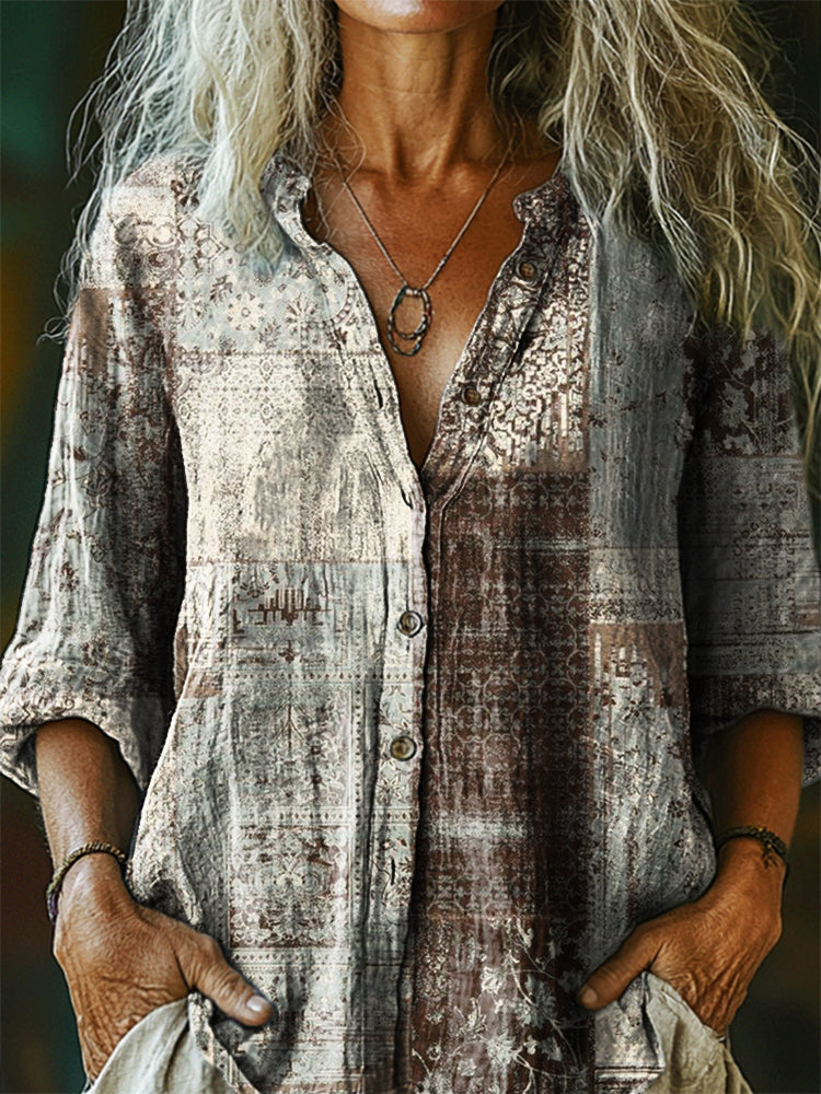 Women's Vintage Ethnic Floral Art Print Casual Cotton Linen Shirt