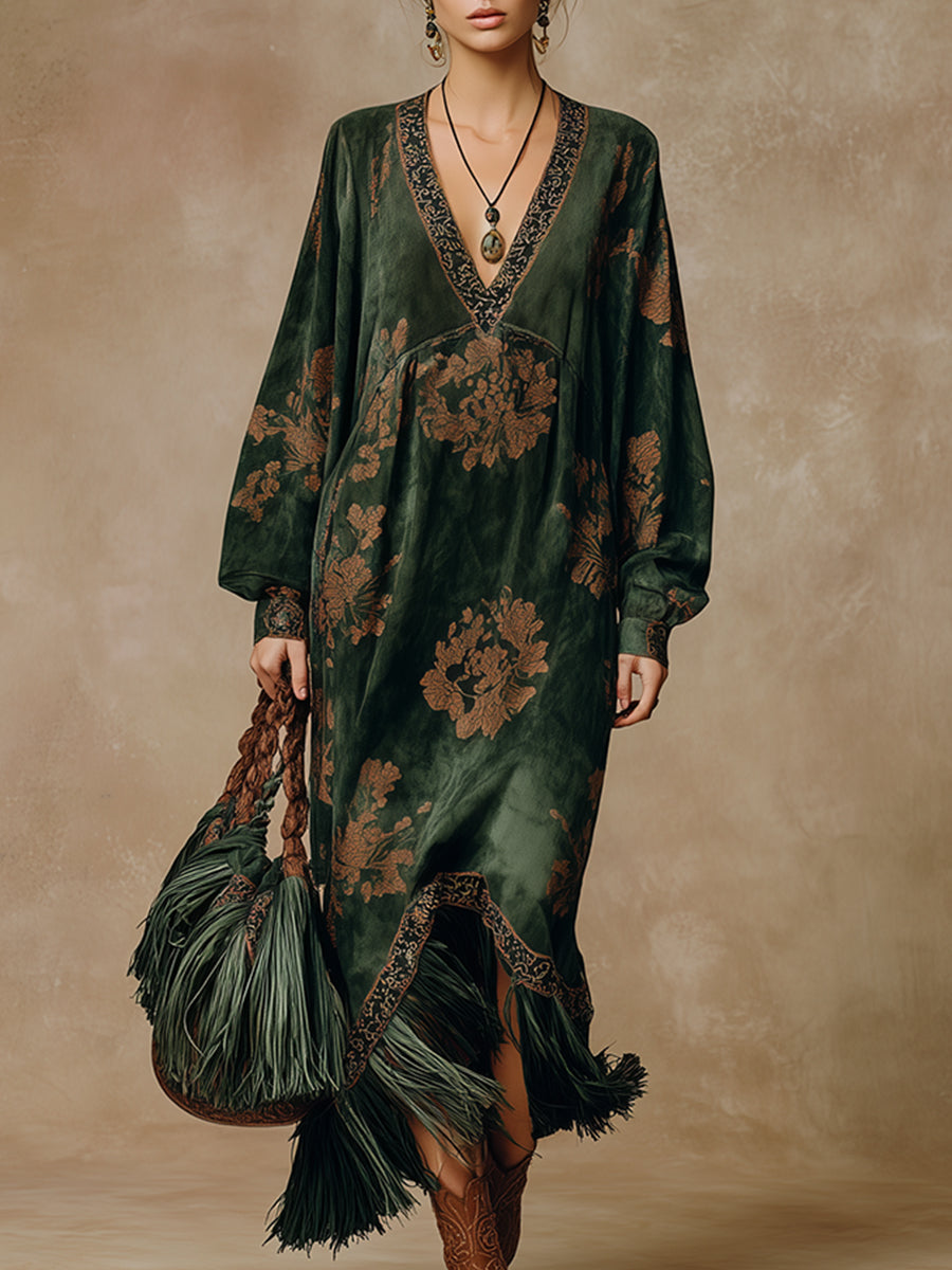 Retro Silhouette Printed Green Faux Suede Tassel Maxi Dress