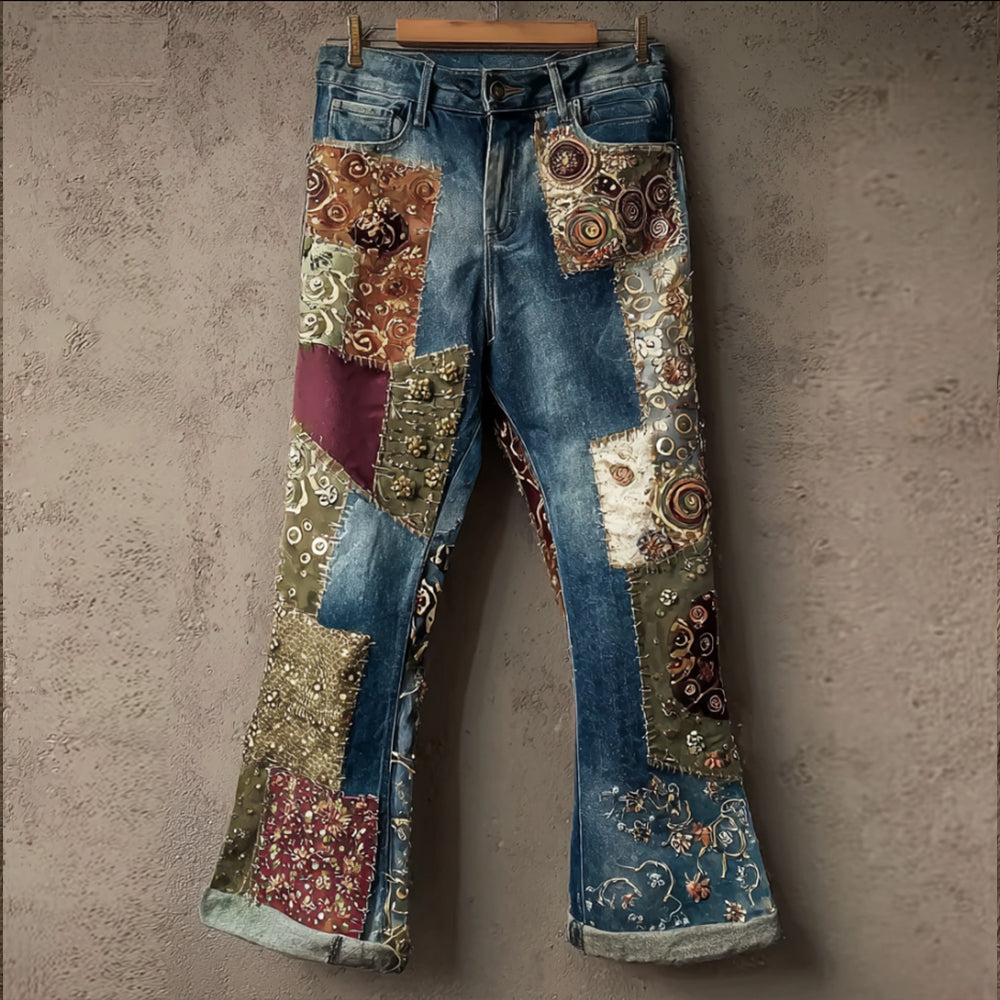 Comstylish Women's Bohemian-style Patchwork Ethnic Jeans
