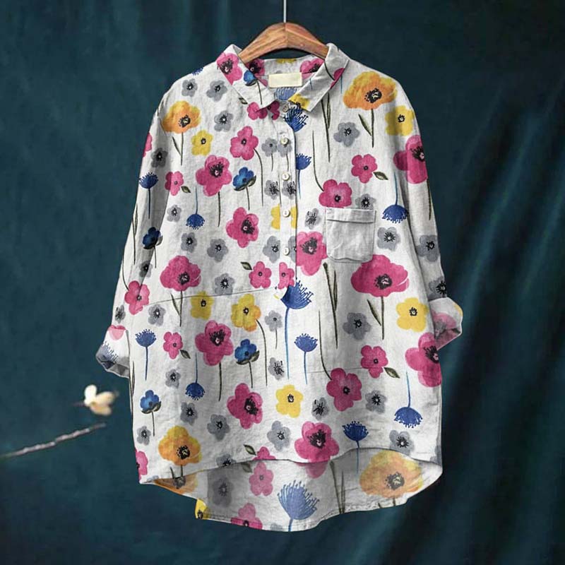 Comstylish Vintage Floral Art Print Casual Cotton Linen Shirt