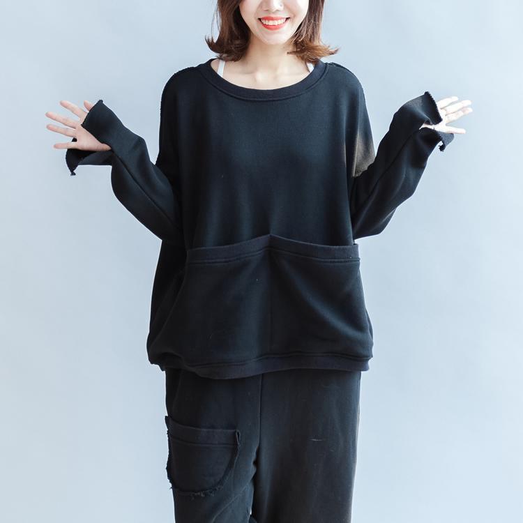Black Big Pockets Two Pieces Knit Tops With Sweat Pant Oversize Sport Suit