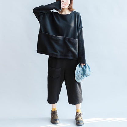 Black Big Pockets Two Pieces Knit Tops With Sweat Pant Oversize Sport Suit