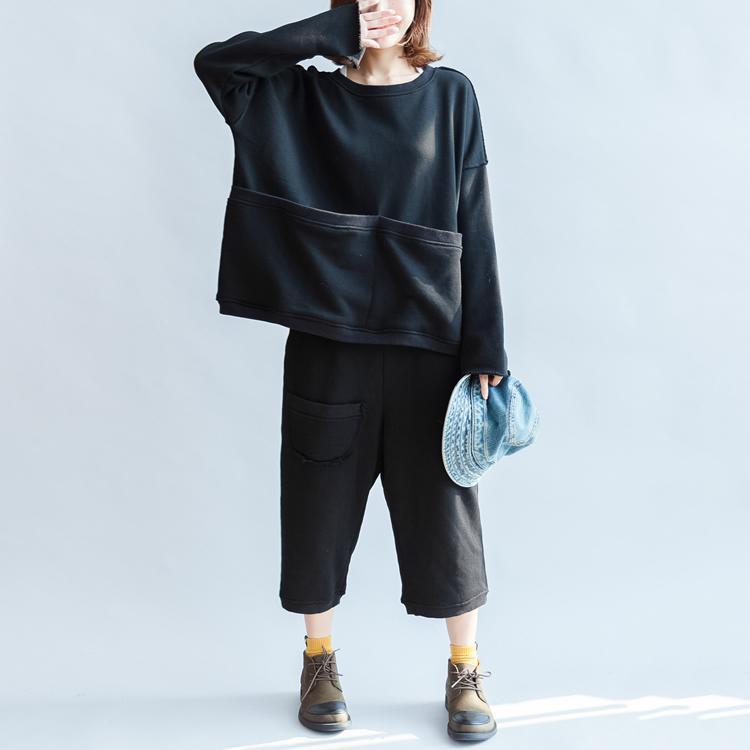 Black Big Pockets Two Pieces Knit Tops With Sweat Pant Oversize Sport Suit