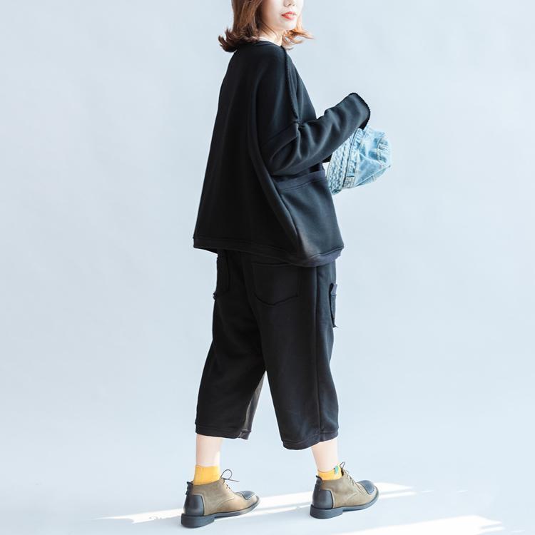 Black Big Pockets Two Pieces Knit Tops With Sweat Pant Oversize Sport Suit