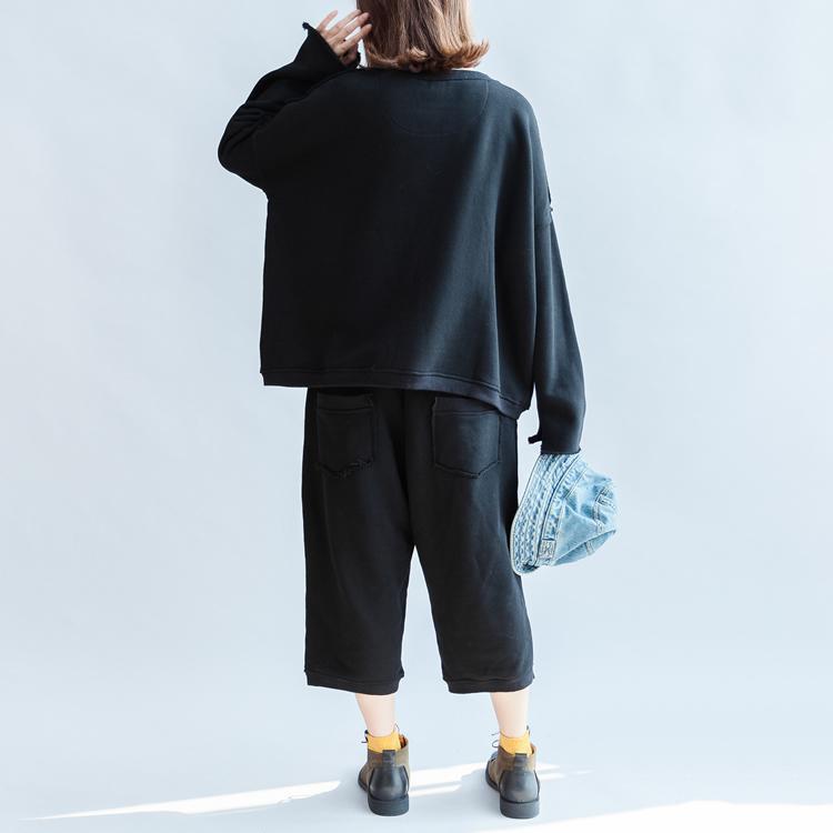 Black Big Pockets Two Pieces Knit Tops With Sweat Pant Oversize Sport Suit