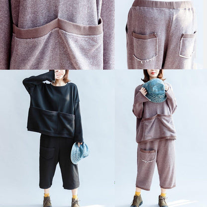 Black Big Pockets Two Pieces Knit Tops With Sweat Pant Oversize Sport Suit