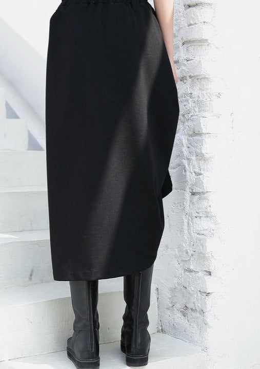 Black Cotton Blended Skirts Loose One Side Drawstring Elastic Waist Aline Skirts