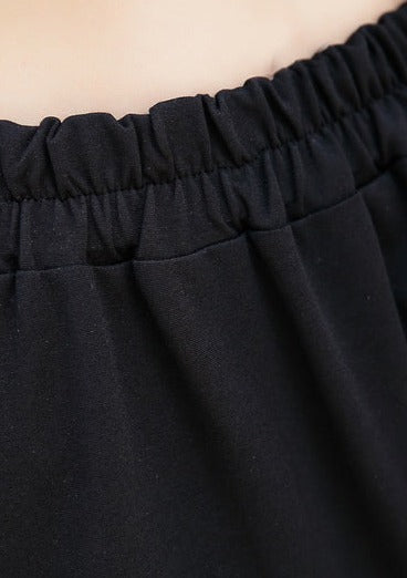 Black Cotton Blended Skirts Loose One Side Drawstring Elastic Waist Aline Skirts
