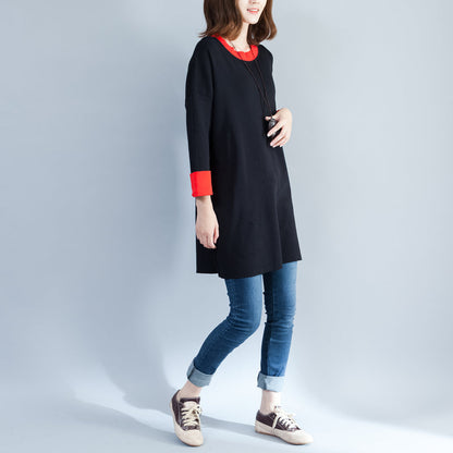 Black Cotton Sweater Tops Oversize Long Sleeve Pullover