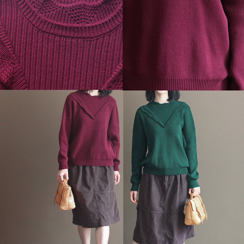 Blackish Green Thick Cotton Knit Blouse Lace Collar Sweater