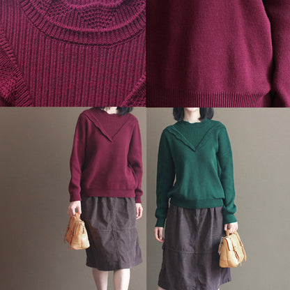 Blackish Green Thick Cotton Knit Blouse Lace Collar Sweater